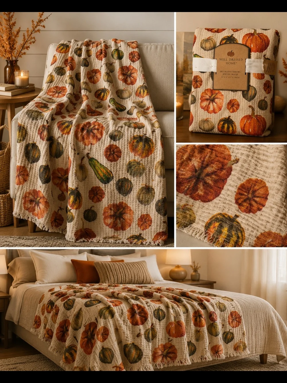 Cozy Pumpkin Harvest Waffle Throw Blanket - Cream/Orange